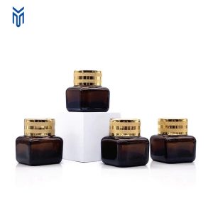Wholesale 20g Amber Glass Cosmetic Cream Container square Eye Cream Jar with Metal Lid