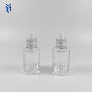 Luxury 30ml Flat Shoulder Unique Serums Bottle Thick Bottom Skin Care Bottle with Silver Pipette for Essential Oil Packing